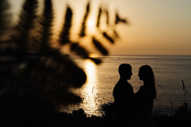 Siluetta di una coppia innamorata al tramonto sulla spiaggia