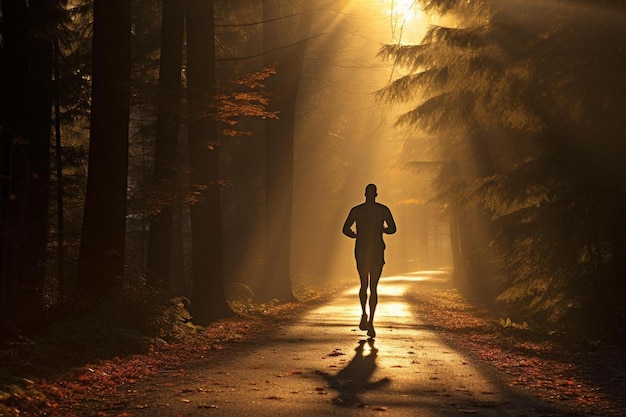 Siluetta di una donna che corre nella foresta al tramonto