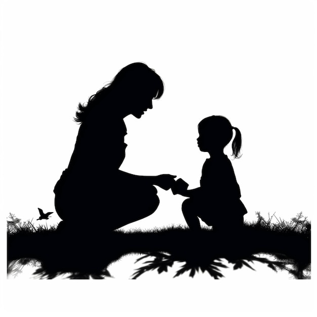 Siluetta di una donna e di un bambino che si siedono sull'erba generativa ai