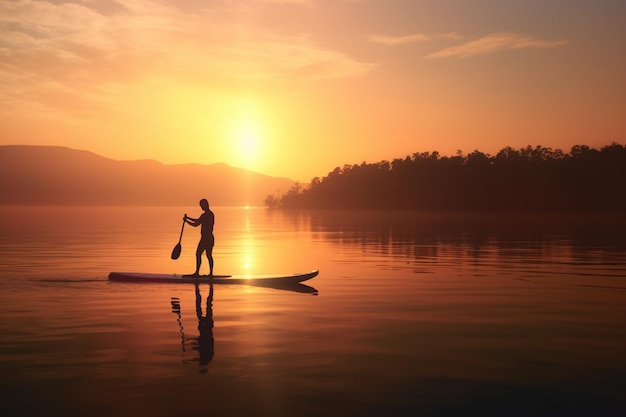 Siluetta di una persona che fa paddleboarding all'alba o al tramonto d'estate
