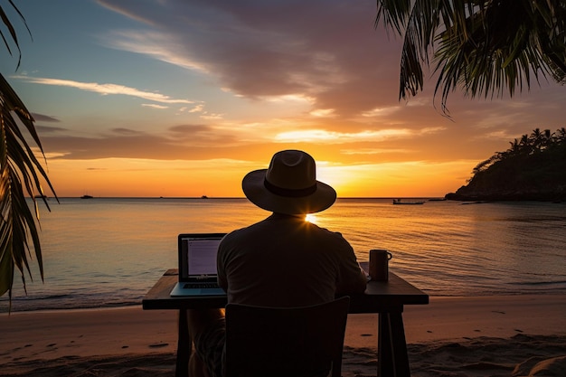 Siluetta di una persona che lavora sul suo computer portatile all'aperto sulla spiaggia alla vista posteriore dell'ora d'oro