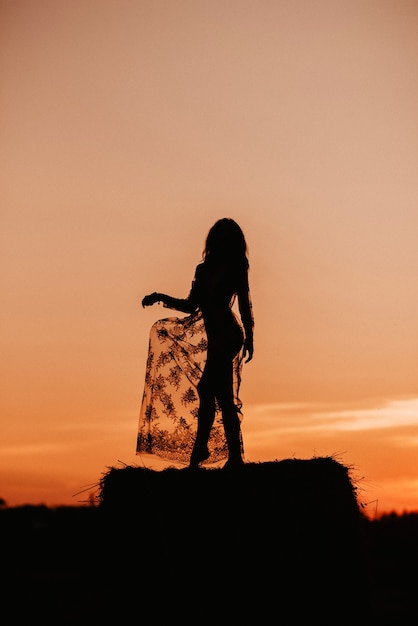 Siluetta di una ragazza sexy in un vestito trasparente in estate al tramonto in un campo su un pagliaio in natura.