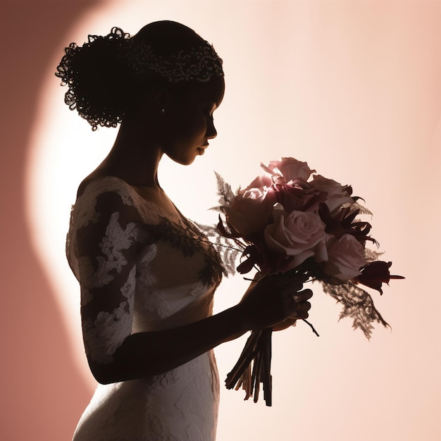 Siluetta parziale di una sposa che tiene un mazzo di fiori