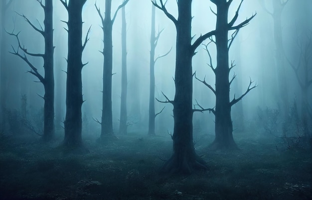 Siluette blu scuro dell'albero nella foresta di autunno di notte rami spogli e illustrazione digitale 3D di nebbia densa
