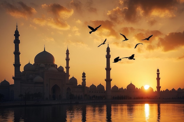 Siluette dorate del tramonto e uccelli sopra la maestosa moschea Mezzaluna sopra la moschea illuminata