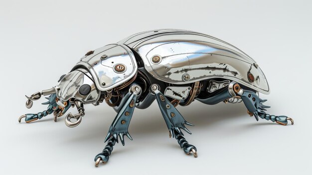 Silver steampunk metallico coleottero ornamentale con ornamenti metallici illustrazione 3D