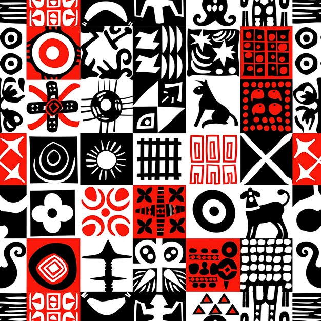 Simboli Adinkra ghanesi con animali stilizzati, piante e piastrelle Ge Seamless National Art Design Ink