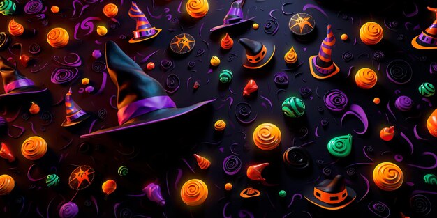 Simboli classici di Halloween come gatti neri cappelli di streghe scope AI generativa