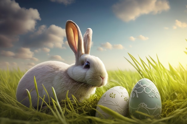 Simboli delle vacanze di Pasqua una lepre siede sull'erba vicino a Pasqua IA generativa