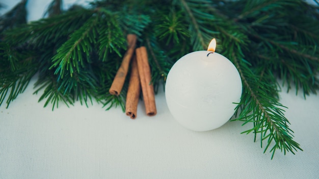 simboli di capodanno o natale candela accesa e rami di abete sfondo