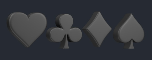 Simboli di carte di assi su sfondo nero Club diamante cuore e picca icona 3D render illustrazione