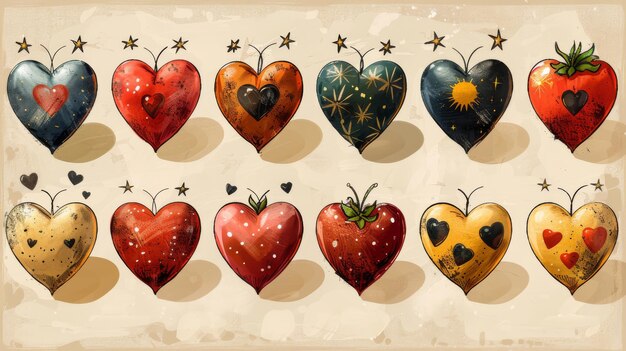 Simboli di cuore con raggi solari retrò a forma di scarabocchi per etichette, logo d'amore e disegni per la Giornata di San Valentino