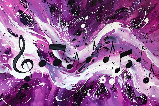Simboli di melodia musicale su una macchia viola