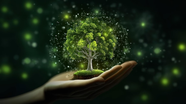 Simbolico albero verde magico in una mano umana su sfondo sfocato rispetto per la natura energia sostenibile