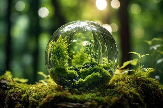 Simbolico globo di vetro circondato da una foresta lussureggiante che trasmette sostenibilità