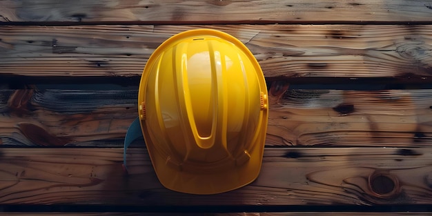 Simbolizzando la sicurezza e la protezione in un ambiente di lavoro Un casco da costruzione giallo su un tavolo di legno Concetto Attrezzatura di sicurezza Ambiente di lavoro Industria della costruzione Attrezzature di protezione