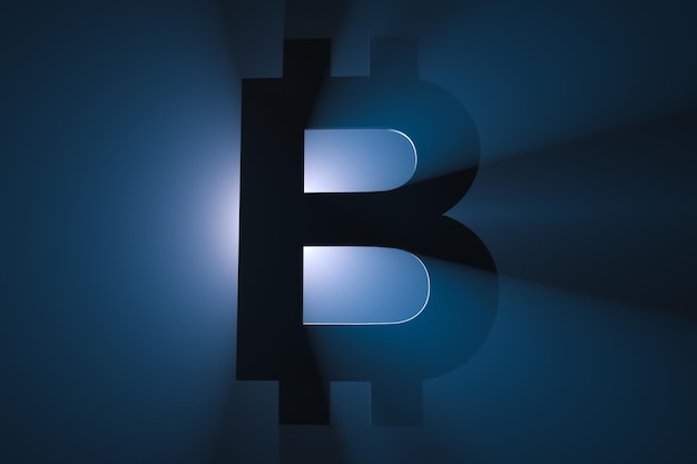 Simbolo Bitcoin in raggi di luce intensa Argomenti di criptovaluta