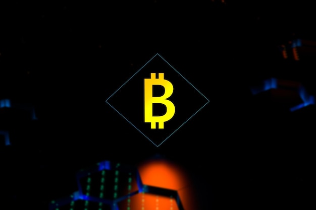 Simbolo BITCOIN neon con sfondo sfocato rendering 3D