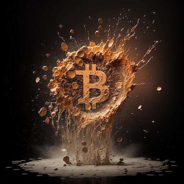 Simbolo bitcoin oro su sfondo nero monete bitcoin che spruzzano con arte digitale di polveri dorate