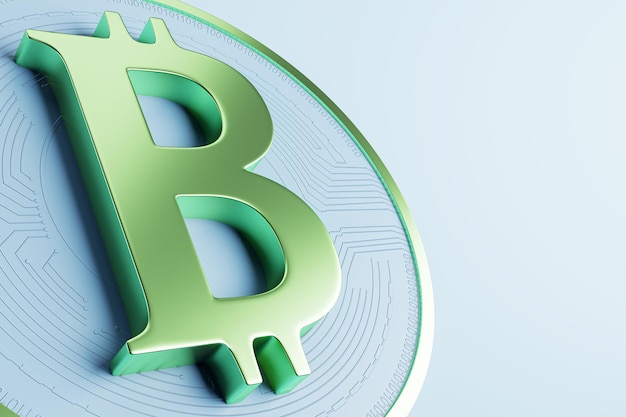 Simbolo bitcoin verde su sfondo bianco Rendering 3D del concetto di crittografia e finanza