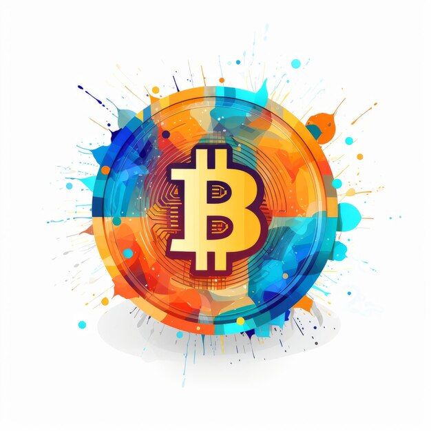 Simbolo colorato di Bitcoin in stile artistico ad inchiostro astratto