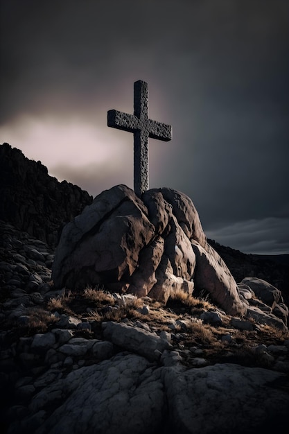 Simbolo cristiano in cima al simbolo della croce di roccia sulla collina di roccia ai generativo