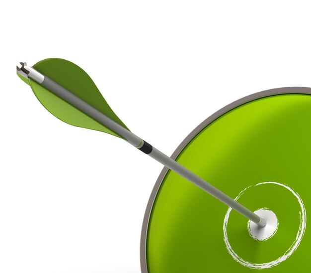 Simbolo del concetto di successo aziendale verde con un bersaglio e una freccia su uno sfondo bianco