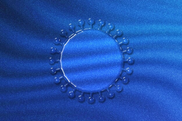 Simbolo del coronavirus, segno del virus COVID 19, microbo del virus dell'infezione, focolaio di coronavirus, sfondo blu glitterato