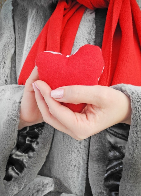 Simbolo del cuore rosso nelle mani della donna, primo piano