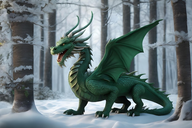 simbolo del drago di legno verde del 2024 nella foresta invernale