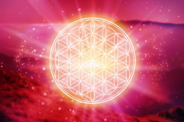 Simbolo del fiore della vita in un campo cosmico di luce incandescente
