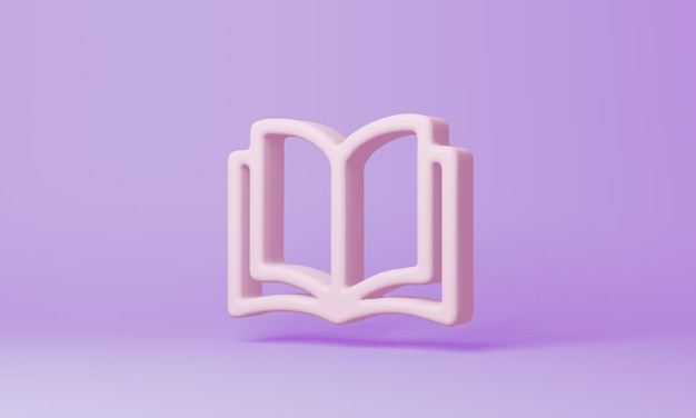 Simbolo del libro aperto minimo su sfondo viola rendering 3d