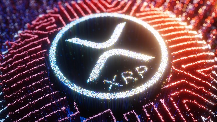 Simbolo del logo XRP di arte digitale. Illustrazione futuristica 3D di criptovaluta dell'ondulazione.