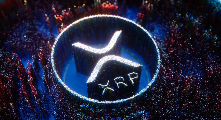 Simbolo del logo XRP di arte digitale. Ripple Cryptocurrency futuristico illustrazione 3D.