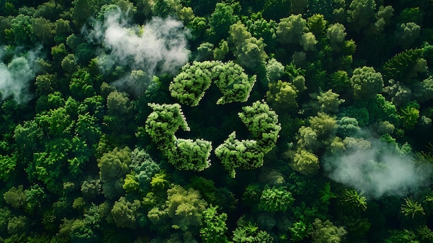 Simbolo del riciclaggio immerso in una foresta verde lussureggiante con alberi e fogliame che rappresentano l'ecocompatibilità