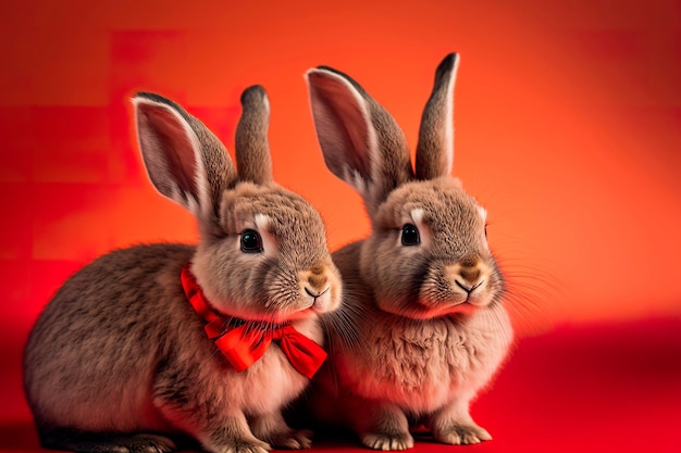 Simbolo dell'anno 2023 Conigli divertenti con fiocco rosso su sfondo rosso IA generativa