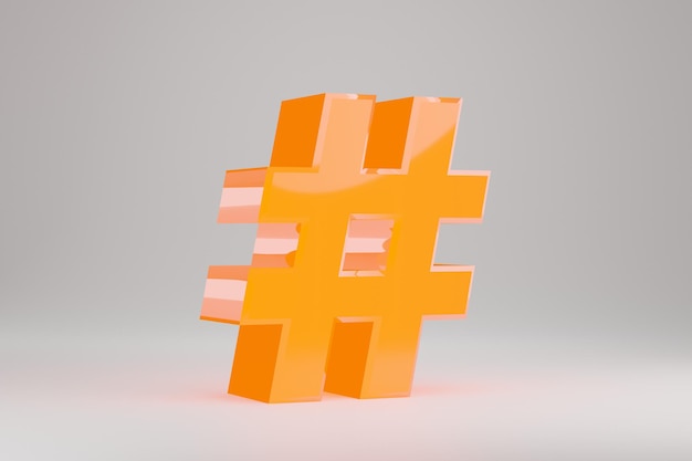 Simbolo dell'hashtag al neon 3d. Insegna al neon gialla isolata su priorità bassa bianca. Alfabeto incandescente al neon giallo lucido. carattere di carattere reso 3D.