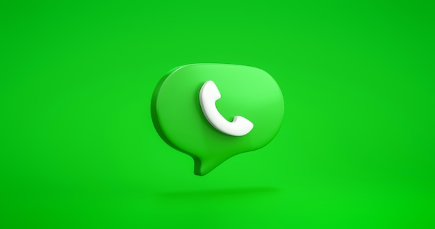 Simbolo dell'icona del telefono o servizio di contatto di comunicazione tecnologia di chiamata telefonica e supporto aziendale segno di composizione mobile bolla di chat su sfondo verde con hotline dell'operatore del ricevitore del cliente. Rendering 3D.