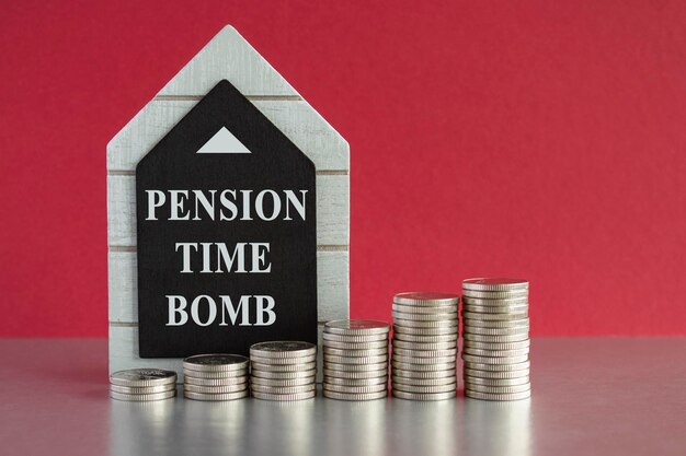 Simbolo della bomba a orologio della pensione Parole concettuali Bomba a orogeno della pensione su una tavola nera su un bellissimo rosso