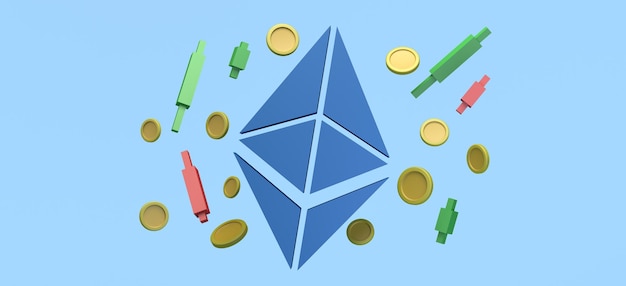Simbolo della criptovaluta Ethereum fluttuante con monete e grafici a candele Illustrazione 3D Spazio di copia