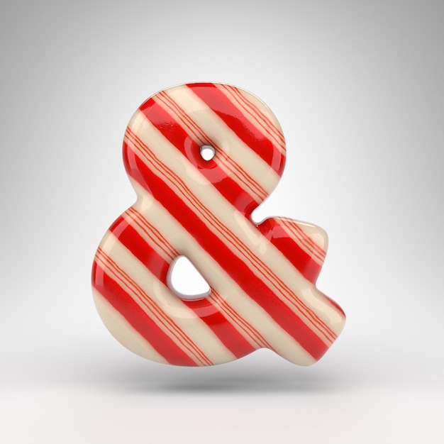 Simbolo della e commerciale su sfondo bianco. Il bastoncino di zucchero 3D ha reso il segno con le linee rosse e bianche.