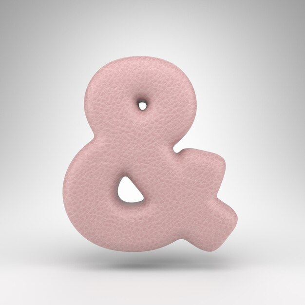 Simbolo della e commerciale su sfondo bianco. In pelle rosa 3D ha reso il segno con la struttura della pelle.