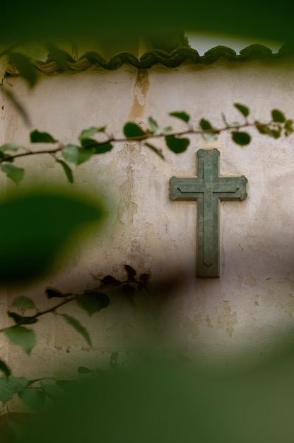 Simbolo della religione incrociata Croce di culto sulla parete usurata tra la pianta della vegetazione fuori fuoco e le piastrelle sulla parte superiore del Messico