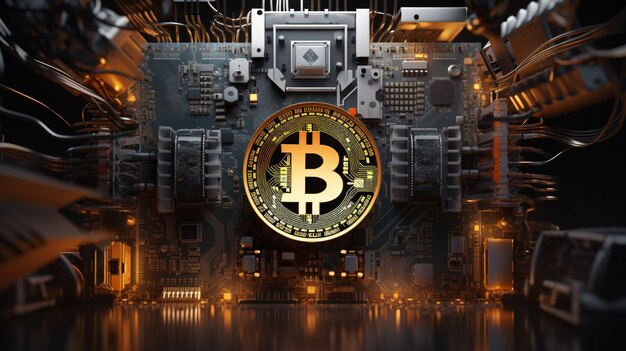 Simbolo di Bitcoin circondato da componenti elettrici