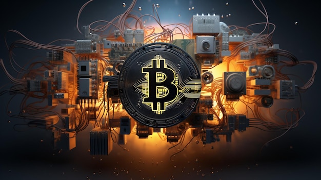 Simbolo di Bitcoin circondato da componenti elettrici