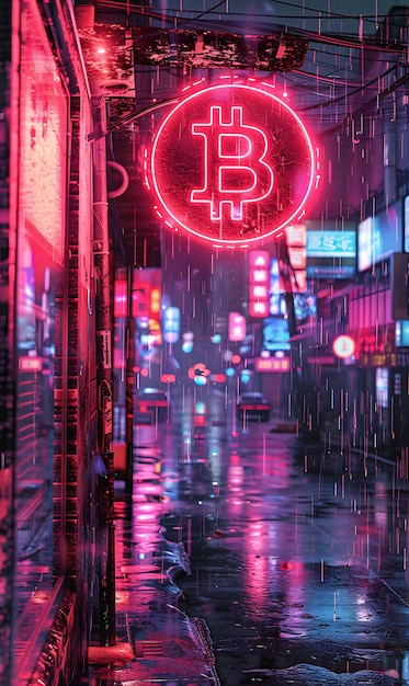 Simbolo di Bitcoin come segno al neon in un paesaggio cittadino piovoso su uno sfondo di criptovaluta di illustrazione bagnata