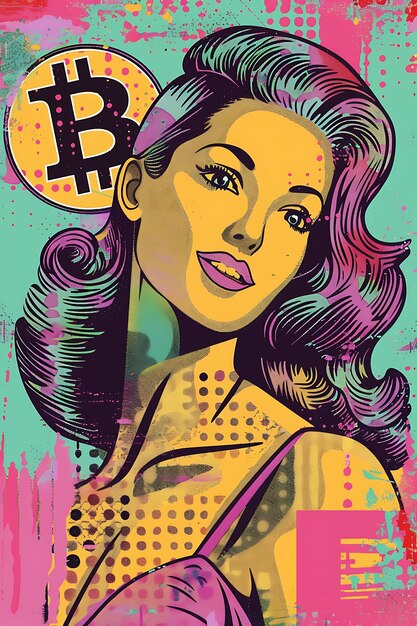 Simbolo di Bitcoin mescolato con elementi di Pin Up Art con un'illustrazione di R