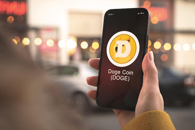 Simbolo di criptovaluta Dogecoin DOGE, logo. Affari e concetto finanziario. Mano con lo smartphone, schermo con il primo piano dell'icona di crittografia