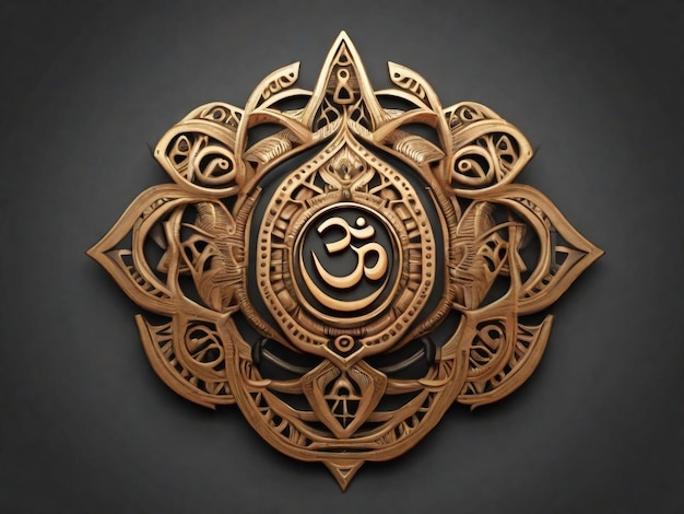 Simbolo di Diwali Om con mandala Rotondo disegno dorato su sfondo nero Disegnato a mano Ornato pa indiano