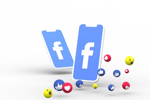 Simbolo di Facebook sullo smartphone dello schermo o sul cellulare e le reazioni di Facebook amano, wow, come emoji 3d render